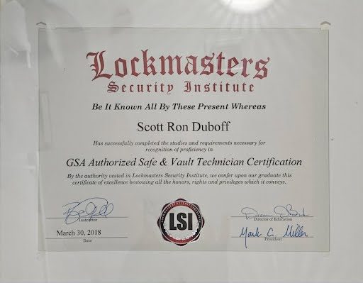 Lockmasters Security Institute GSA Authorized Safe and Vault Technician Certification for Scott Ron Duboff, March 30, 2018