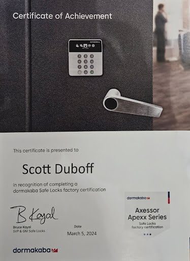 Axessor Apexx Series Safe Locks Factory Certification certificate issued to Scott Duboff by dormakaba, March 5, 2024
