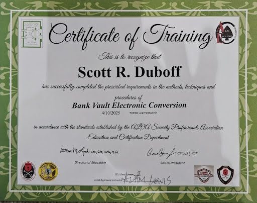Bank Vault Electronic Conversion certificate issued to Scott Duboff by ALOA Security Professionals Association / SAVTA, April 10, 2025