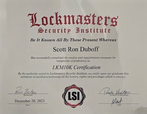 LKM10K Certification certificate issued to Scott Duboff by Lockmasters Security Institute, December 20, 2023