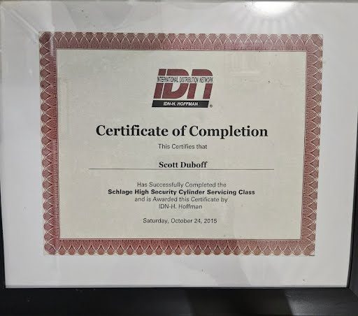 Schlage High Security Cylinder Servicing certificate issued to Scott Duboff by IDN-H. Hoffman, October 24, 2015