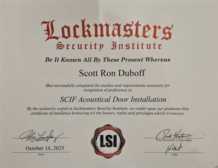 SCIF Acoustical Door Installation certificate issued to Scott Duboff by Lockmasters Security Institute, October 14, 2025